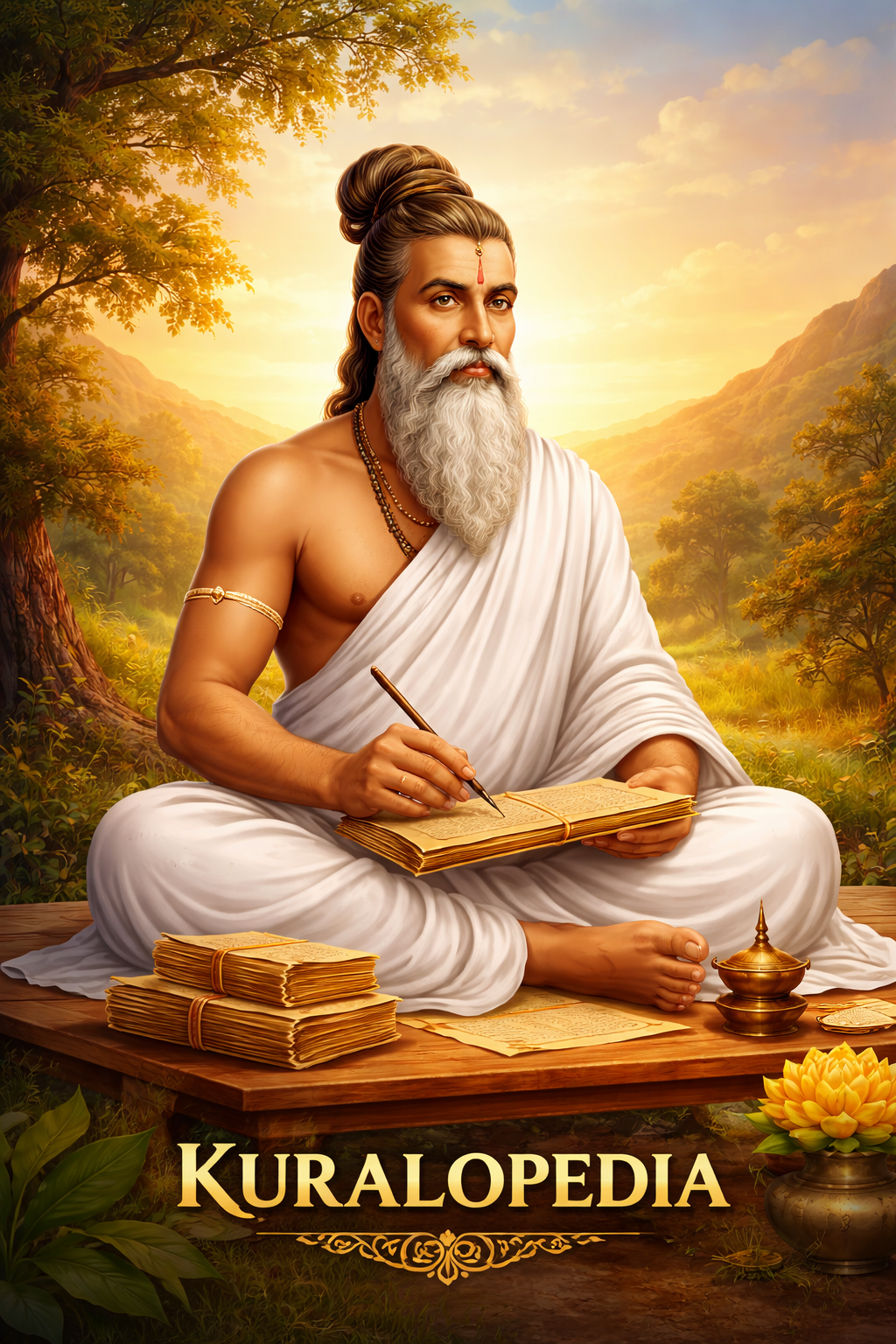Thiruvalluvar — Tamil poet and philosopher, seated with palm leaf manuscripts